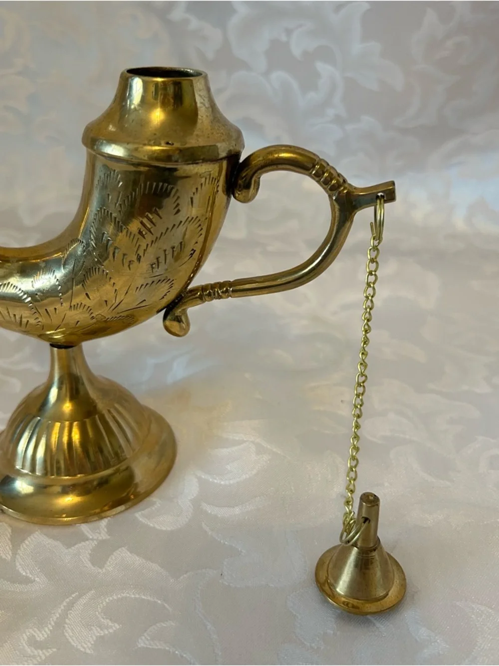Vintage Etched Brass Genie Oil Lamp, Made In India, 10.5 Inches High
